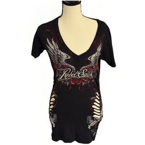 Rebel Saints Cutout Distressed T Shirt Womens Medium Black Y2K Goth Punk